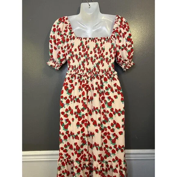 Betsey Johnson Dress Womens XS Strawberry Puff Sleeve Smocked Maxi Sundress - Picture 6 of 10